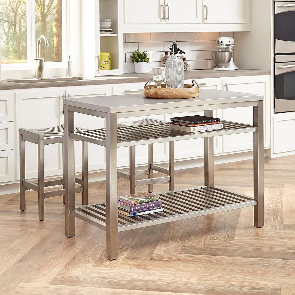 Brushed satin stainless steel kitchen island with matching bar stools