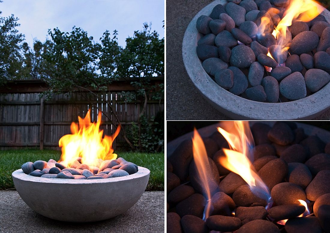 DIY modern concrete fire pit shaped like a bowl