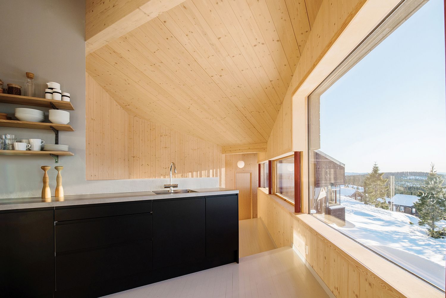 Dark kitchen island complements the dark exterior of the cabin