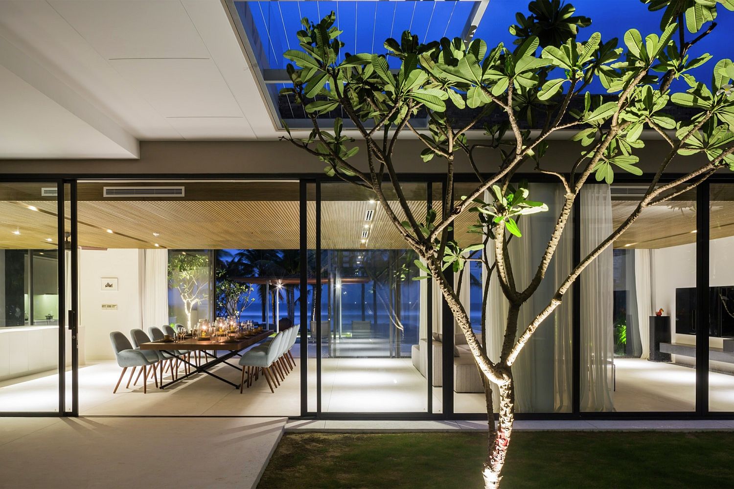 Illuminated tree and landscape around the seaside home