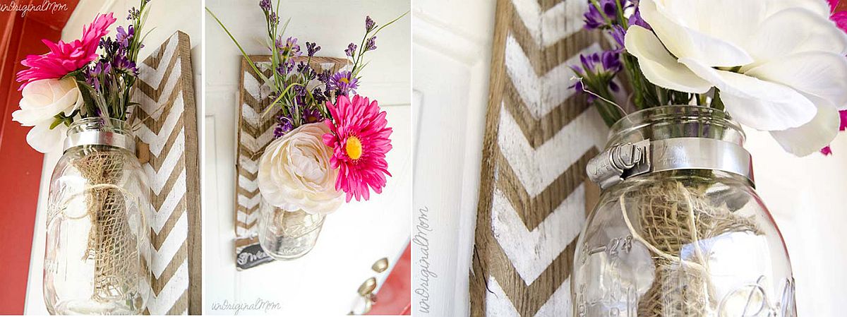 Pallet mounted mason jar vase with chevron pattern