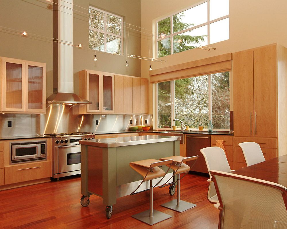 Smart kitchen island on wheels with stainless steel countertop