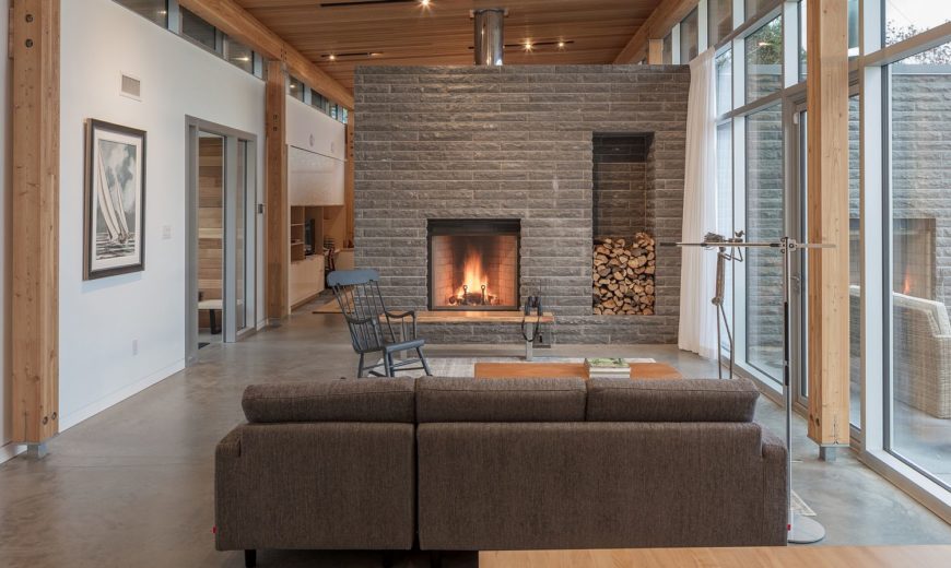 Modern House in Scotch Cove with a Stone Fireplace and Ocean Views