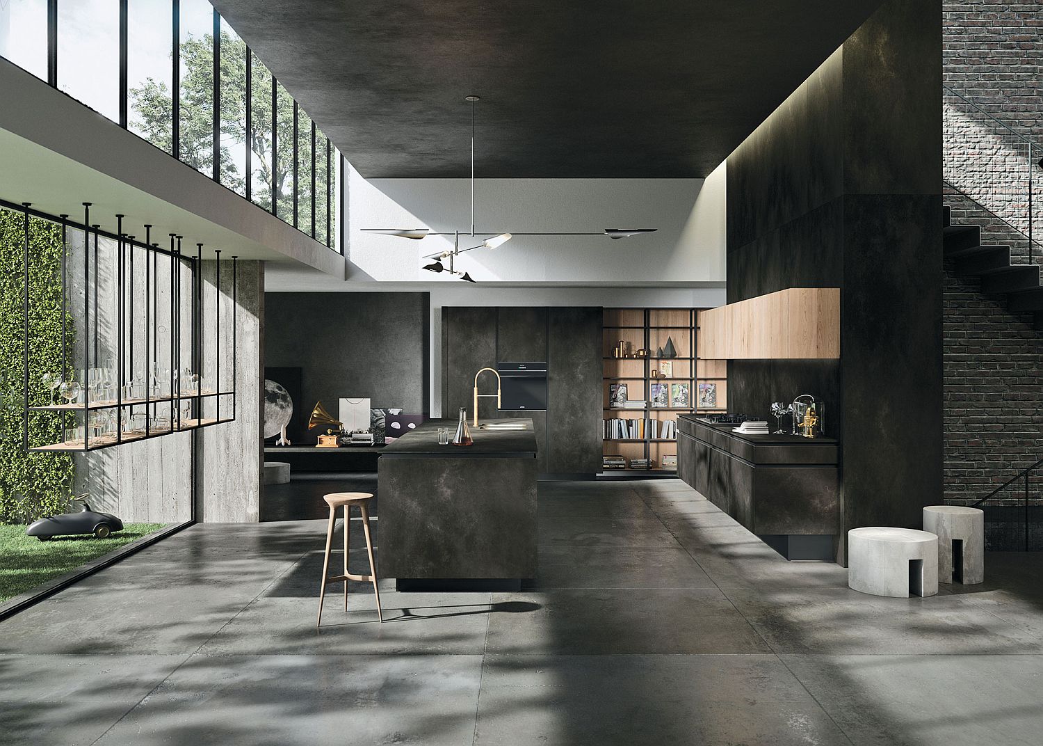 Dark-and-dashing-kitchen-composition-with-floating-workstation