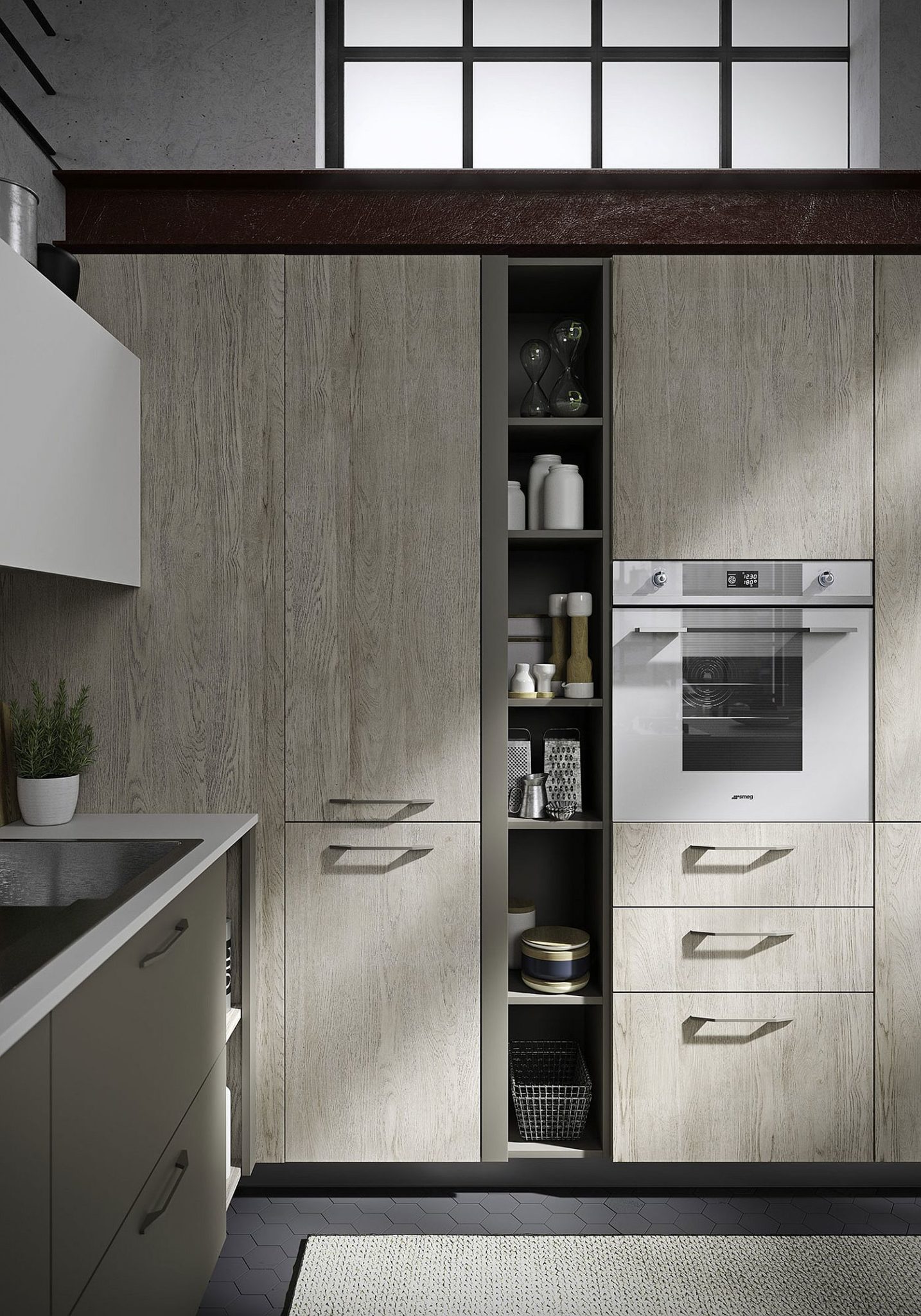 Floor-to-ceiling shelving and cabinets of the Fun kitchen