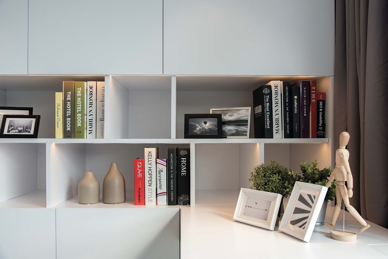 LED lighting and clever, space-savvy shelving inside the home office