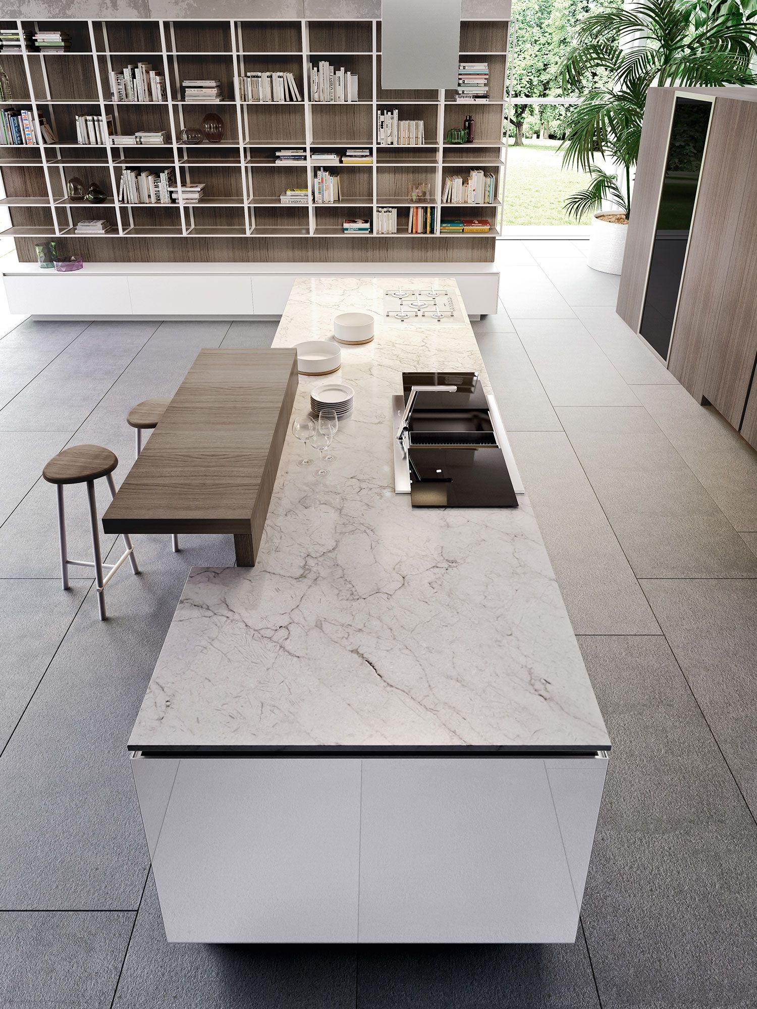 Marble kitchen island countertop along with wooden breakfast bar