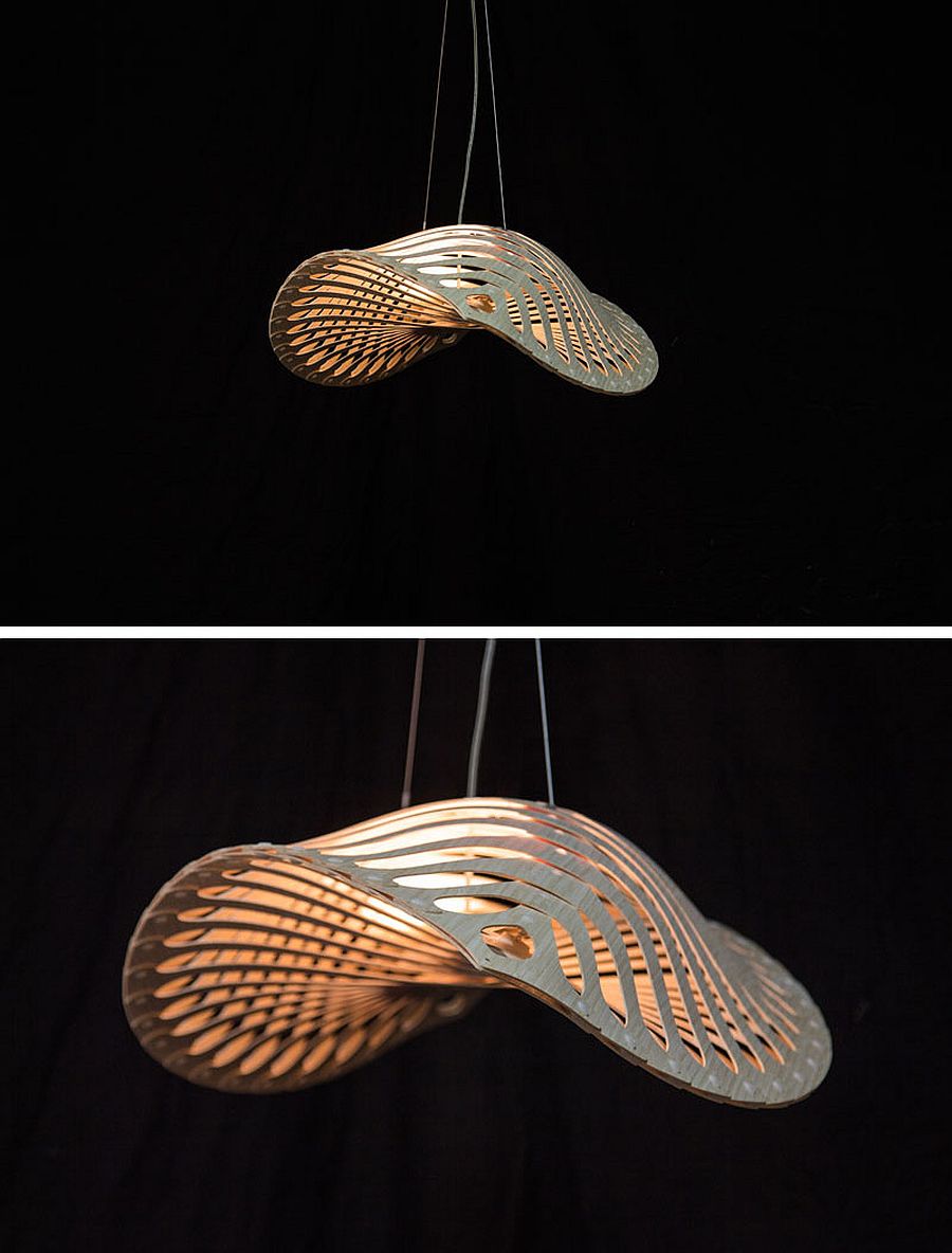 Modern bamboo and plywood pendants designed by David Trubridge