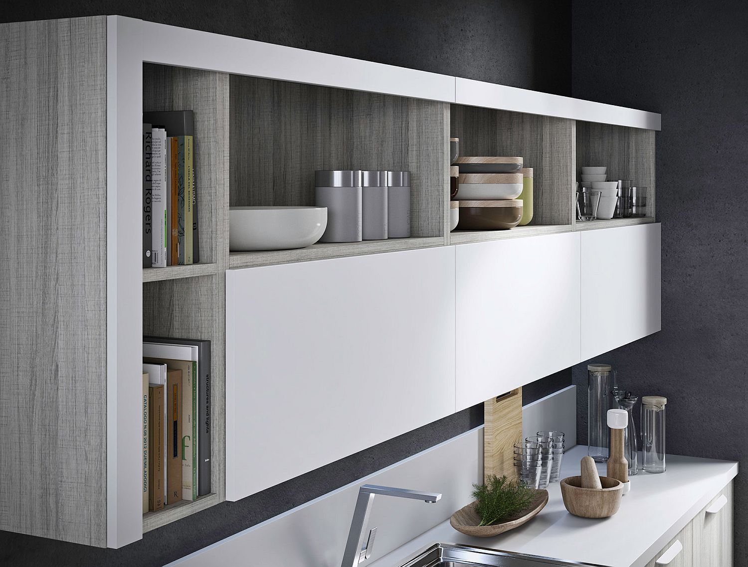 Open shelving along with closed cabinets of the Fun kitchen