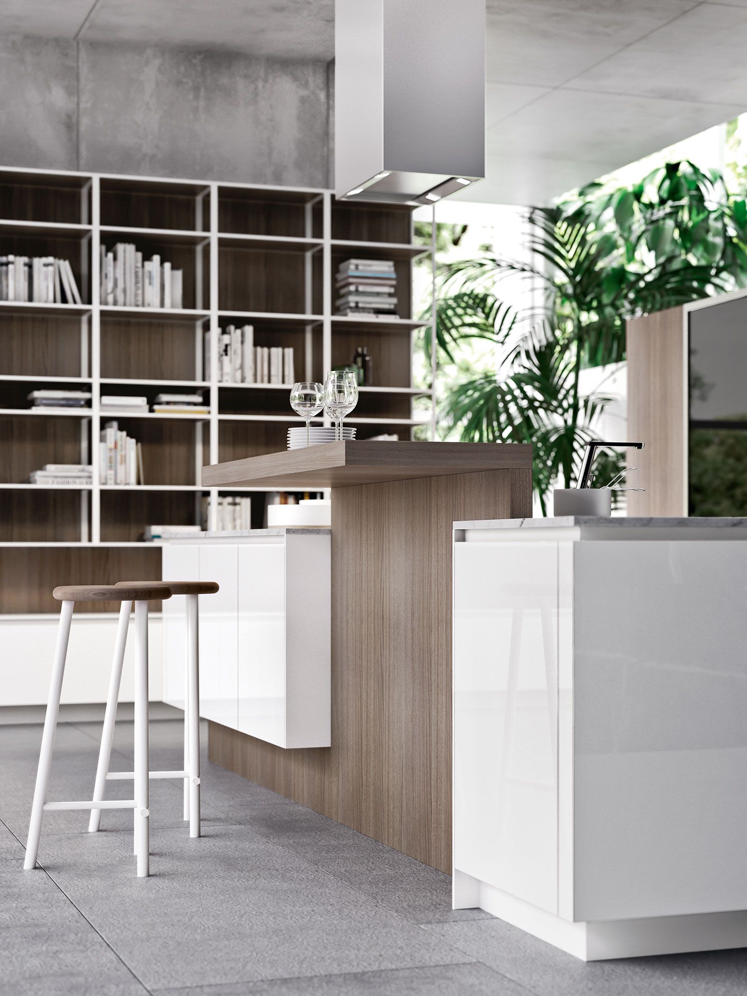 Slim wooden breakfast bar along with white kitchen island