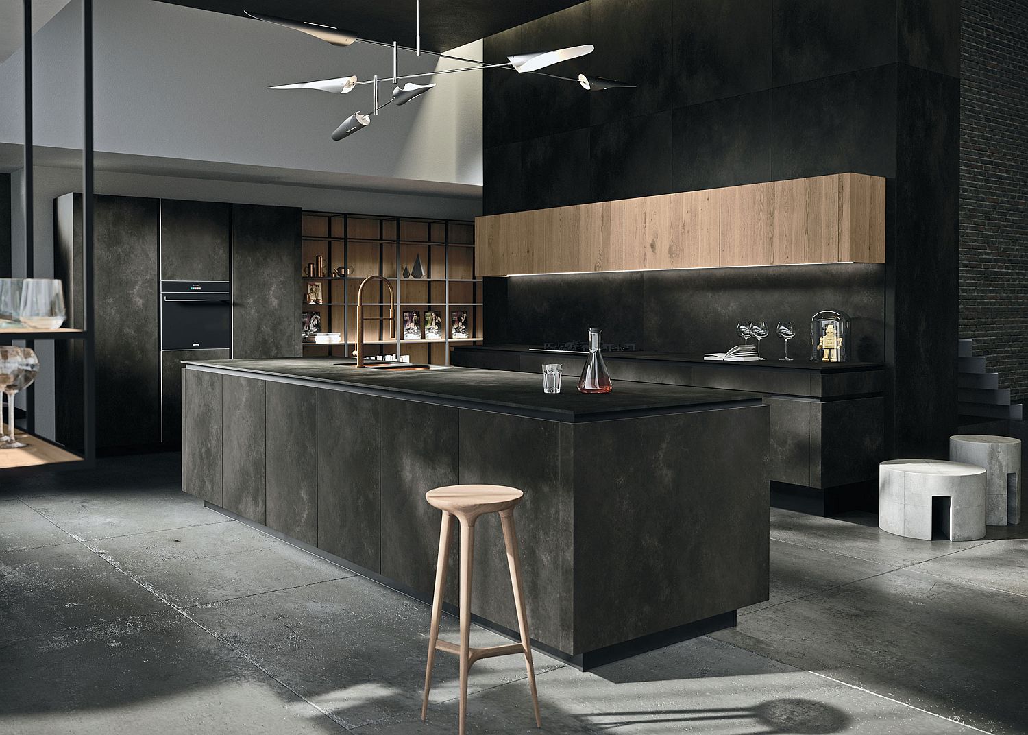 Turn to darker hues for a more dramatic kitchen accented with a simple wood stool