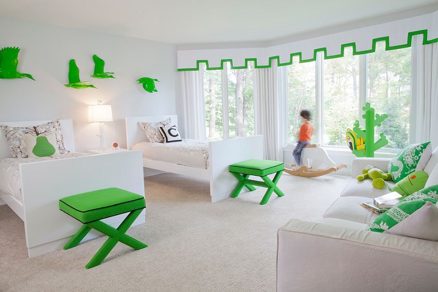 Contemporary-kids-room-in-white-with-green-accents
