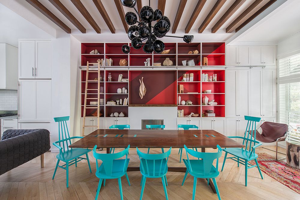 Creative-red-blue-and-white-dining-room-with-a-dark-chandelier