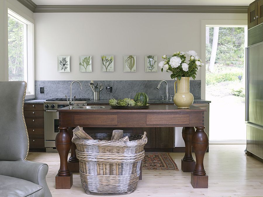 Eclectic New York kitchen with beautiful botanicals in the backdrop