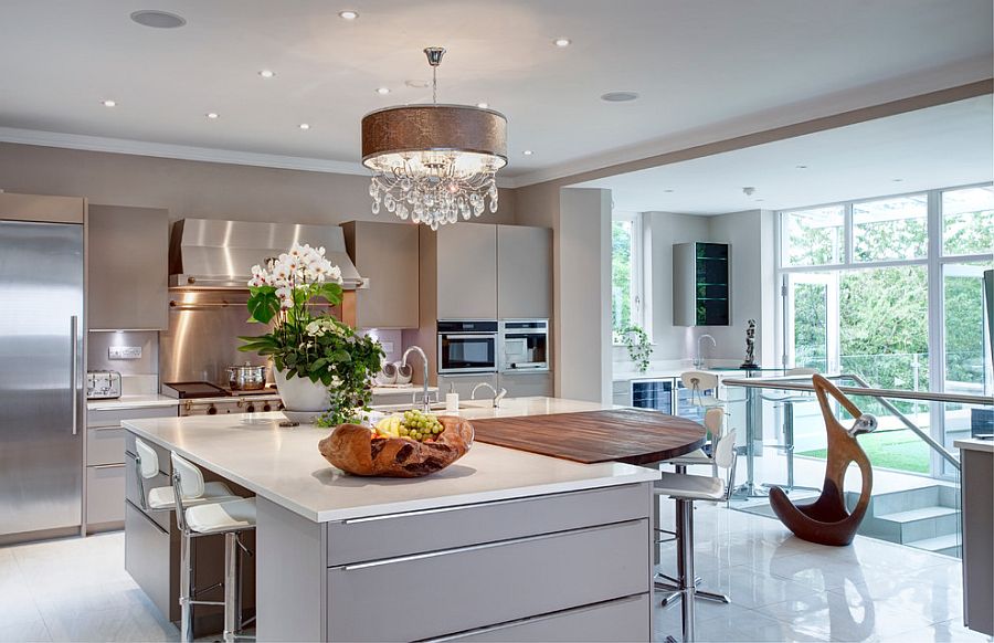 Integrating the wooden breakfast bar into the modern kitchen space