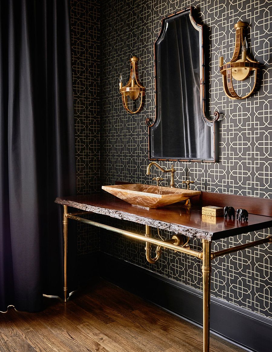 Modern-bathroom-with-wallpaper-live-edge-vanity-and-metallic-fixtures