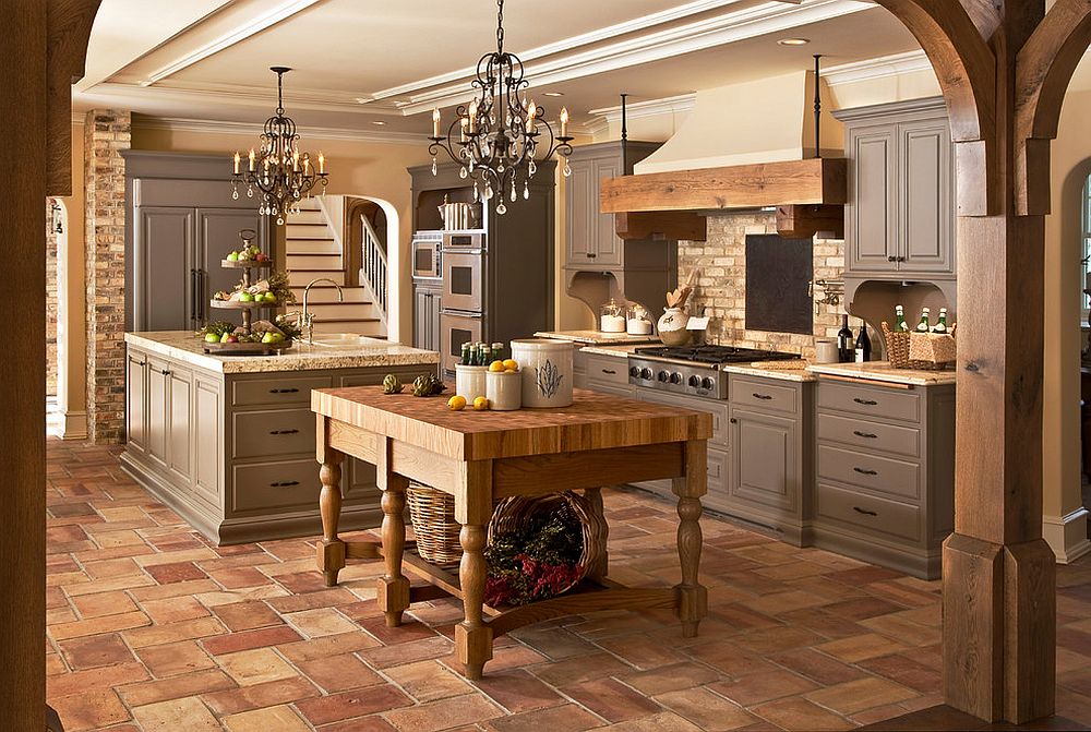 Modern rustic kitchen with twin chandeliers and islands