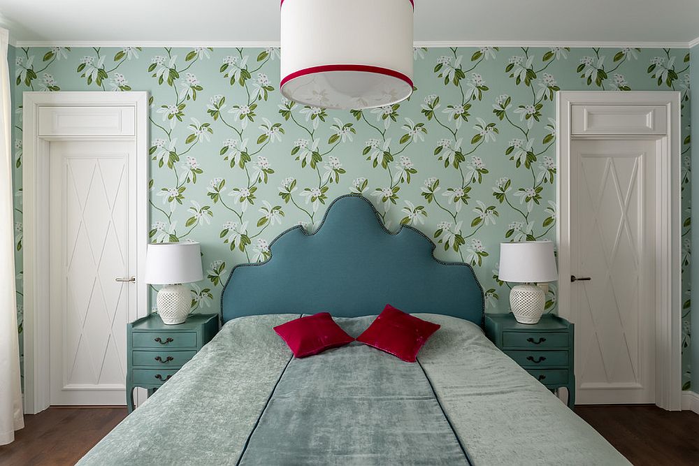 Nature-centric wallpapers shape a soothing, modern bedroom