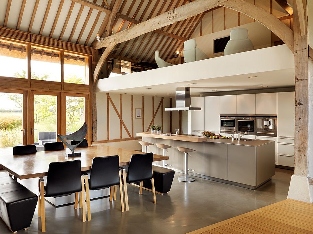 Old barns turned to modern homes are perfect spaces to try out the kitchen under the mezzanine level