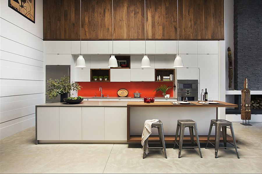 Polished-contemporary-kitchen-in-white-with-orange-backsplash