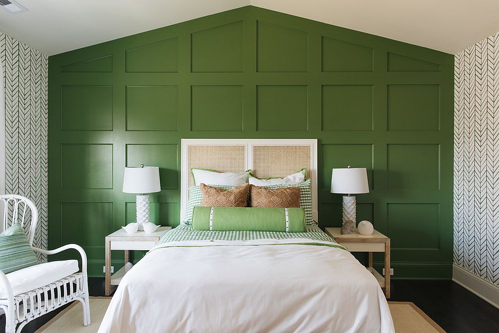 Transitional bedroom with accent green wall