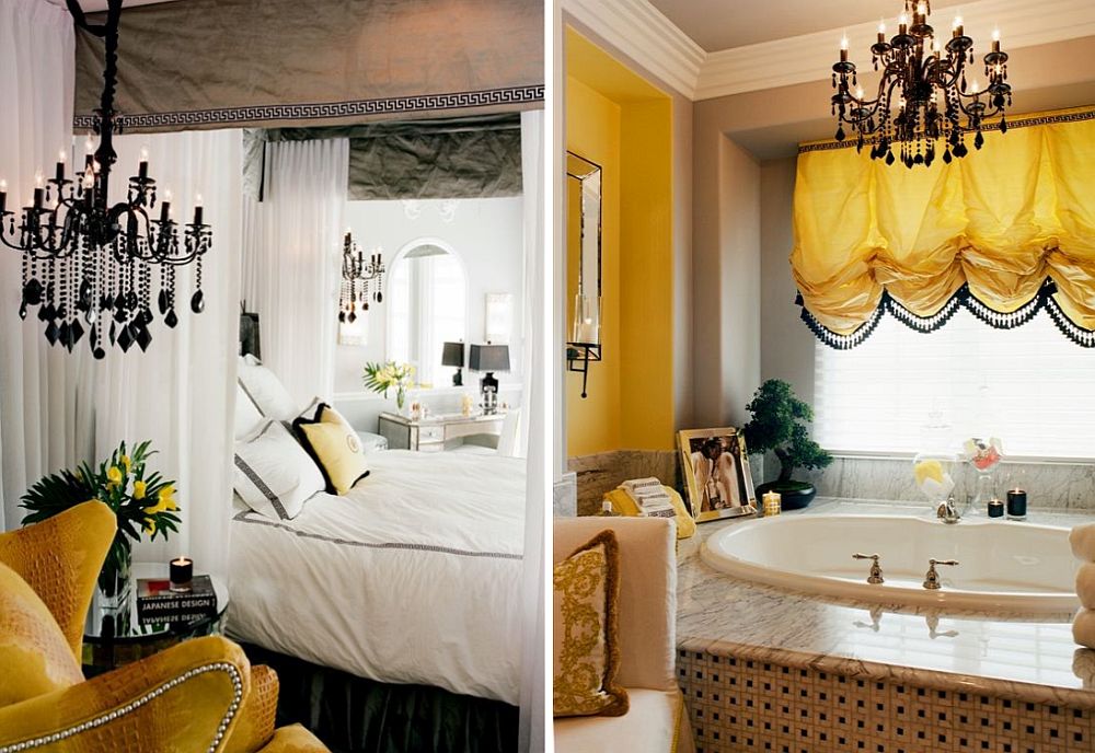 Using-black-chandelier-as-bedside-lighting-and-bathroom-lighting-fixture