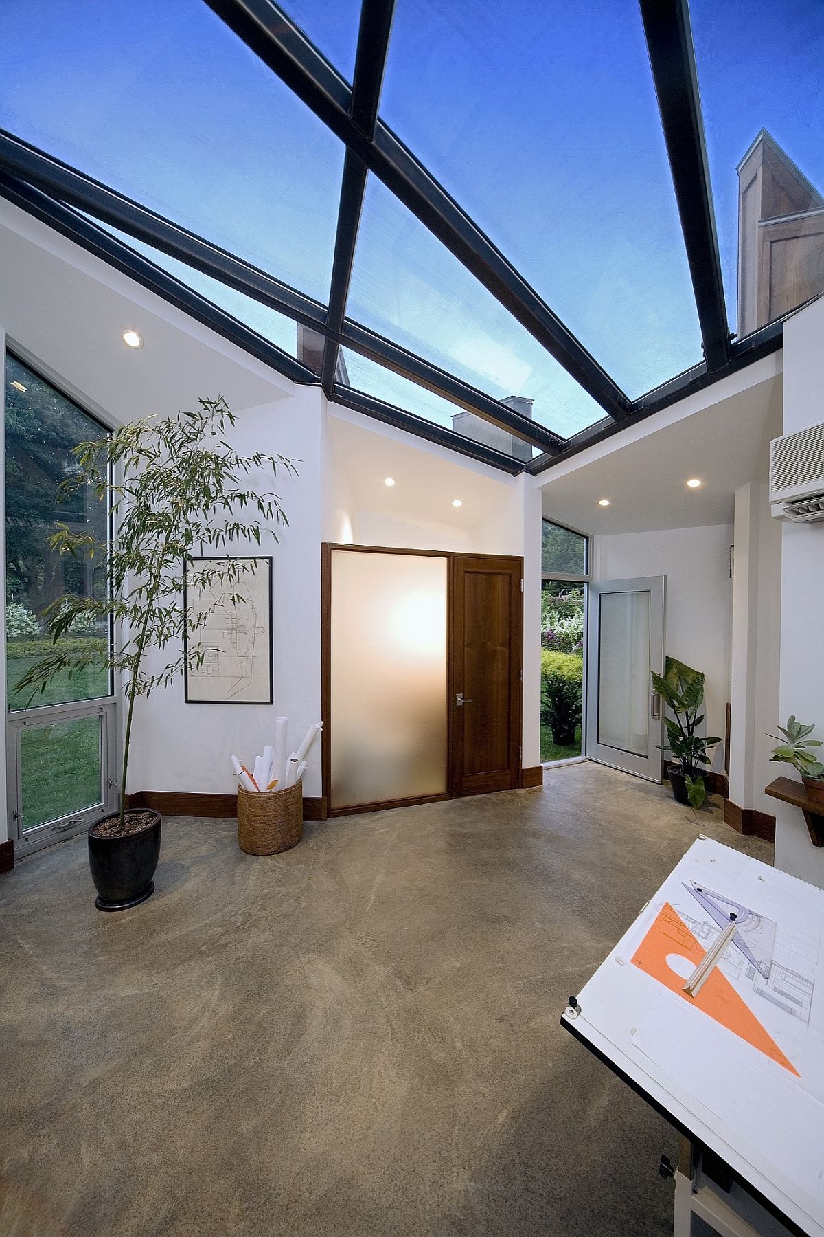 View of the sky from the interior of the art studio