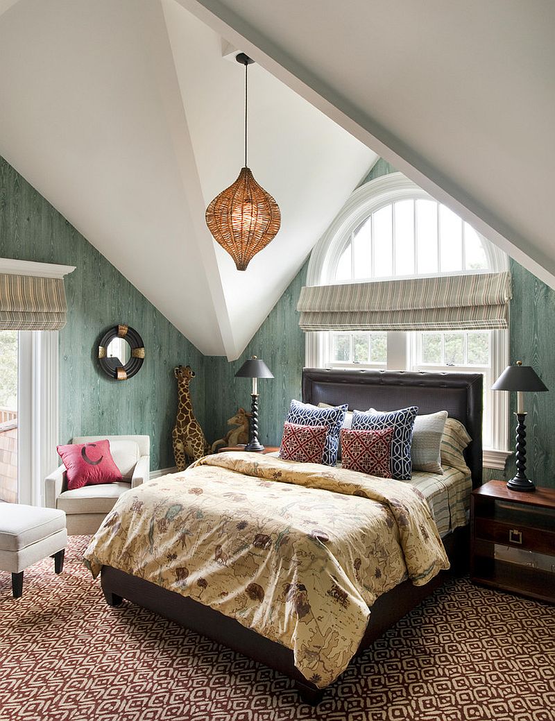 Wallpapered walls give the bedroom a polished, modern appeal