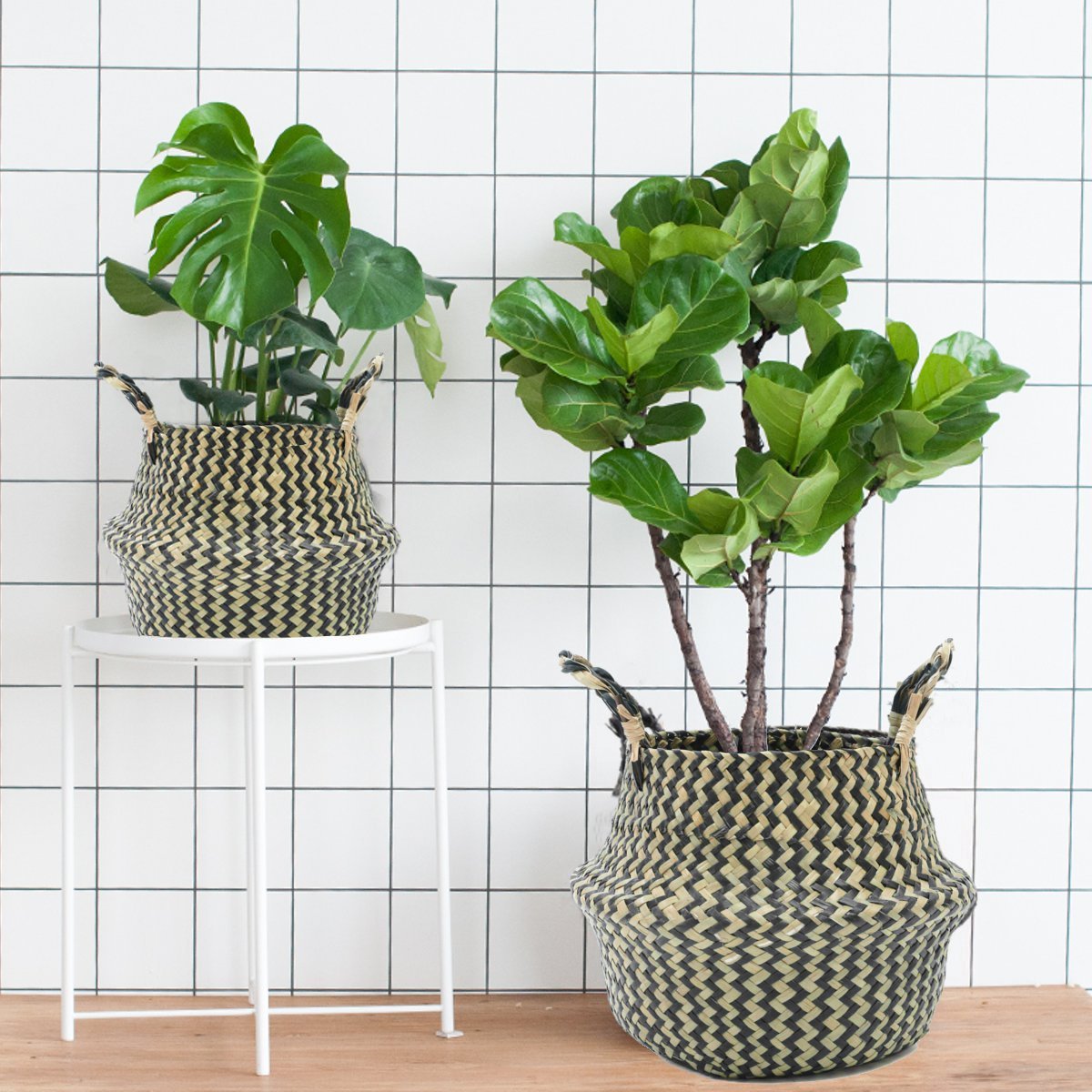 Black and white plant baskets