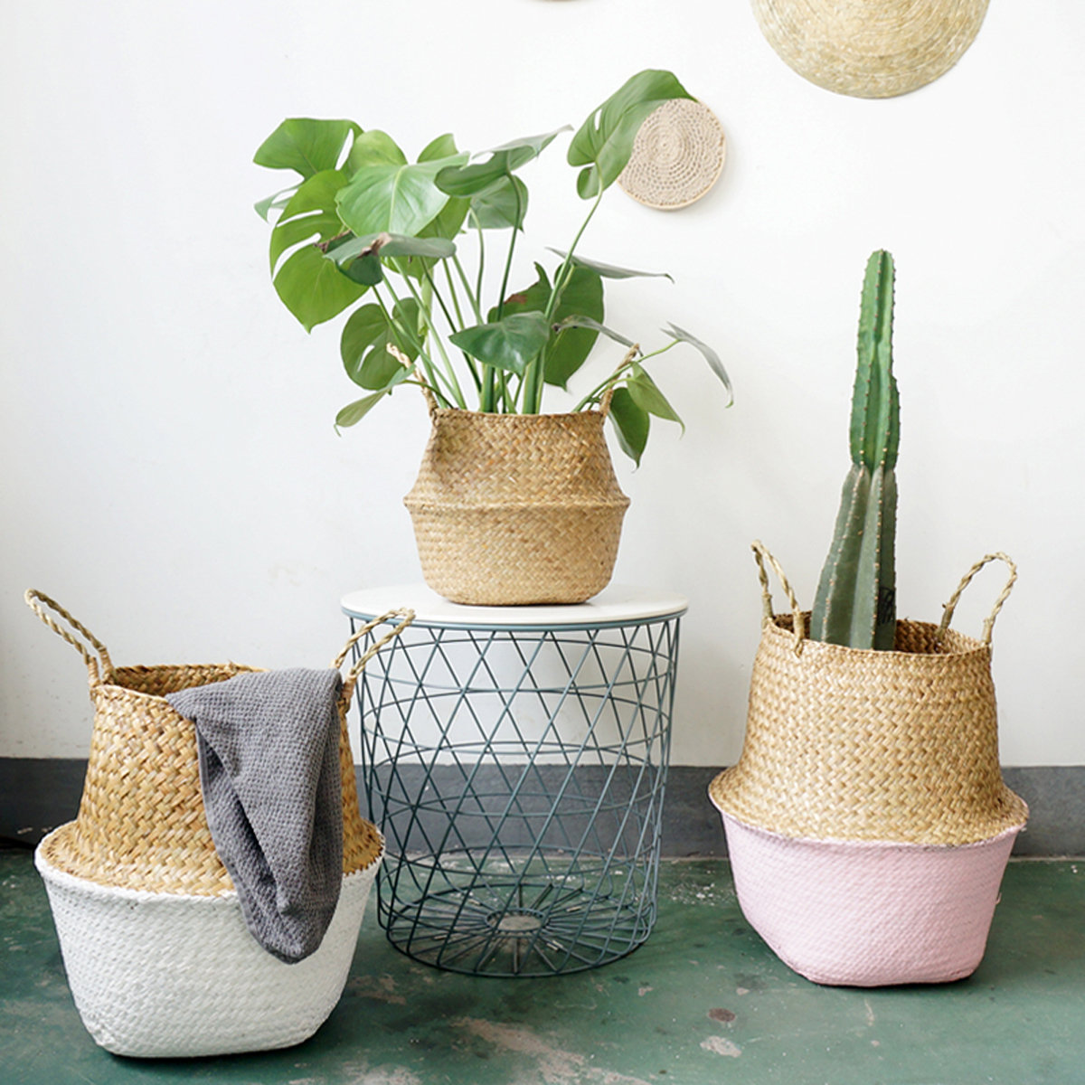 Foldable Seagrass Belly Basket Laundry Storage Plant Pot Baskets For Home Decor 