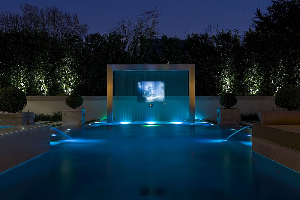 Modern pool with TV and a screen of flowing water