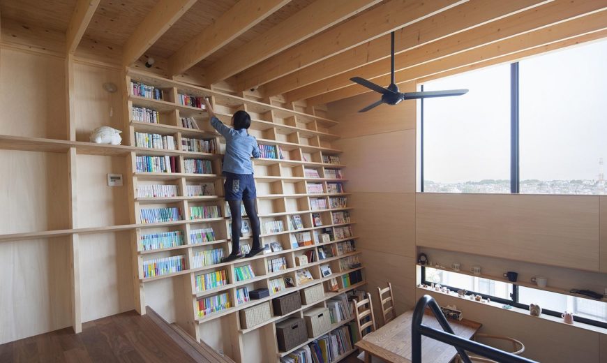 Oblique Walls Create a Cool Double Height Bookshelf in this Japanese Home