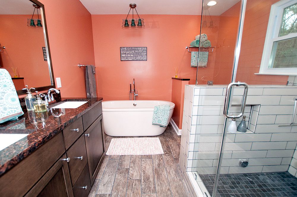 Bold orange walls for the modern industrial bathroom