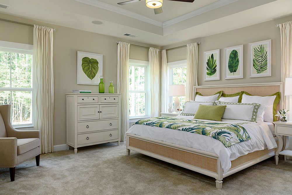 Botanical-prints-and-bedding-in-grean-leafy-pattern-for-the-relaxing-tropical-bedroom