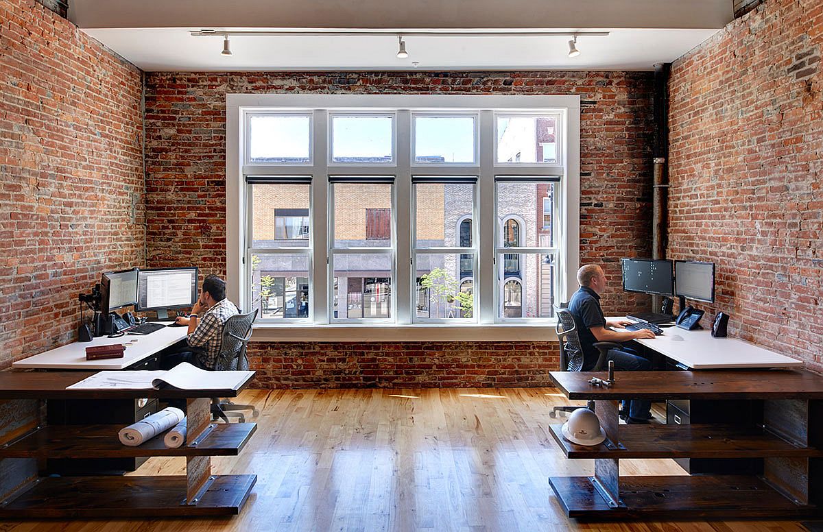 Brick walls for the restored industrial office space in Iowa