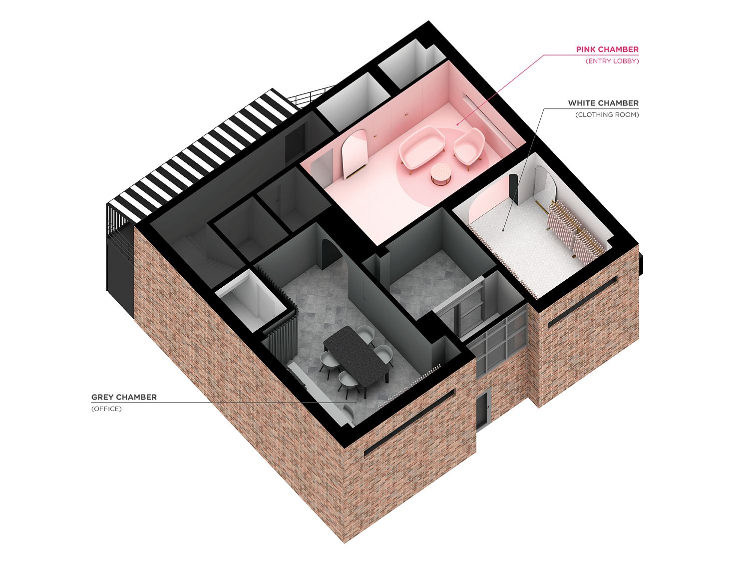 Differently colored chambers of the showroom clearly delineate space