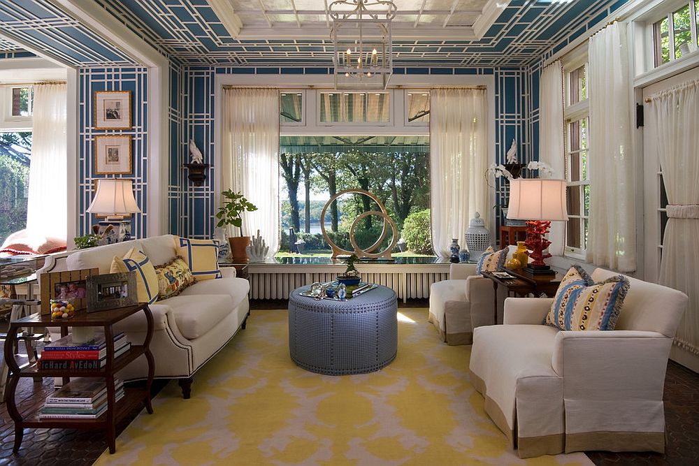 Eclectic-living-room-in-blue-yellow-and-white