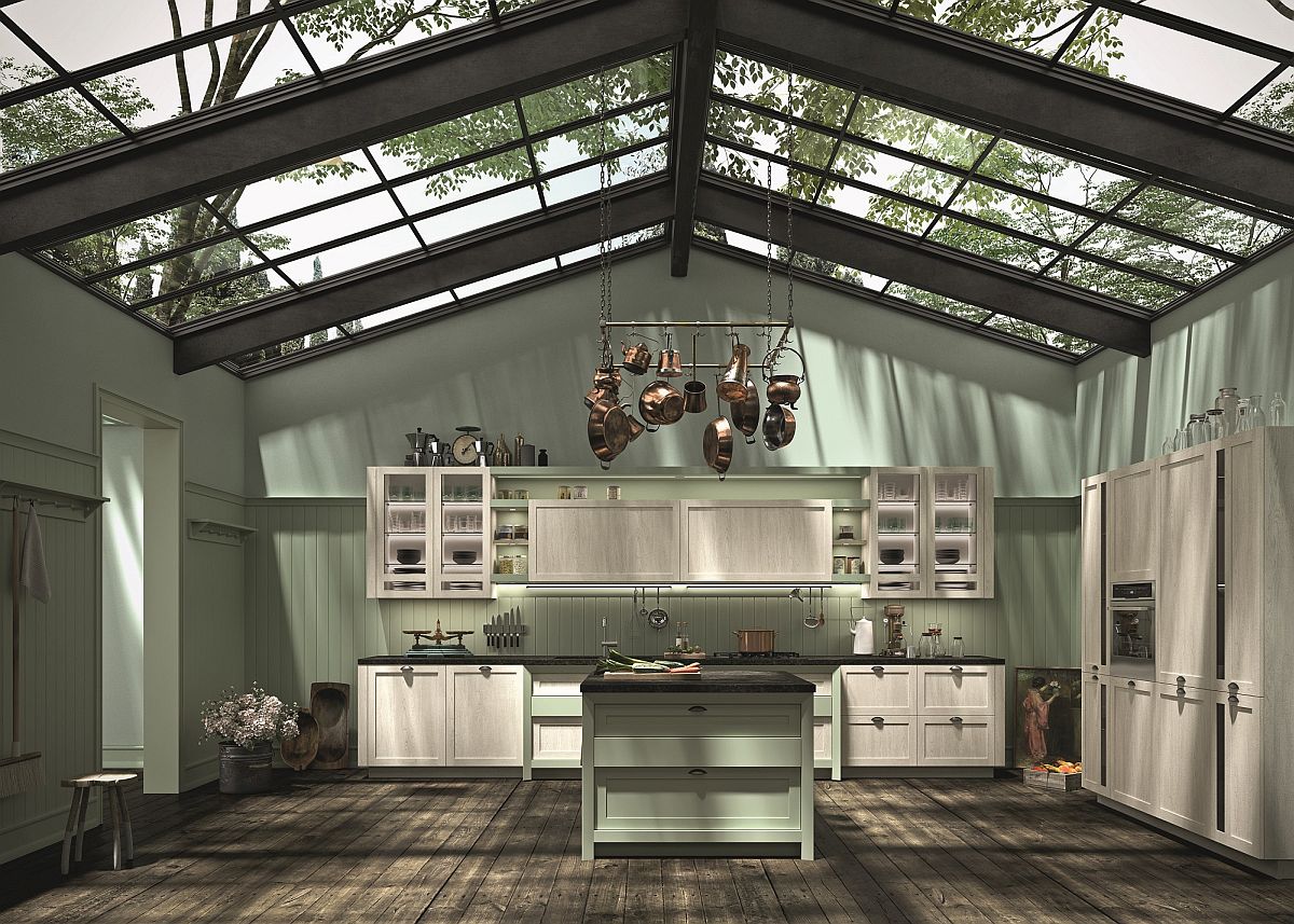 Gorgeous use of pastel green inside the kitchen