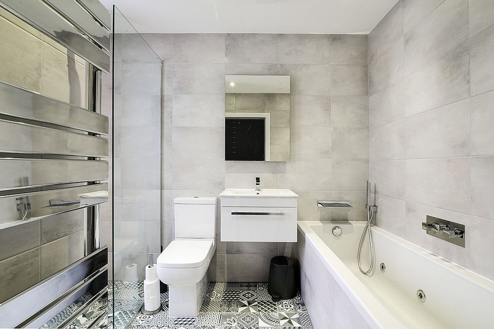 Industrial bathroom in black and white with patterned tiles