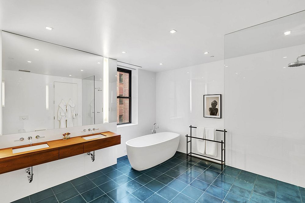 Industrial minimal bathroom in blue and white