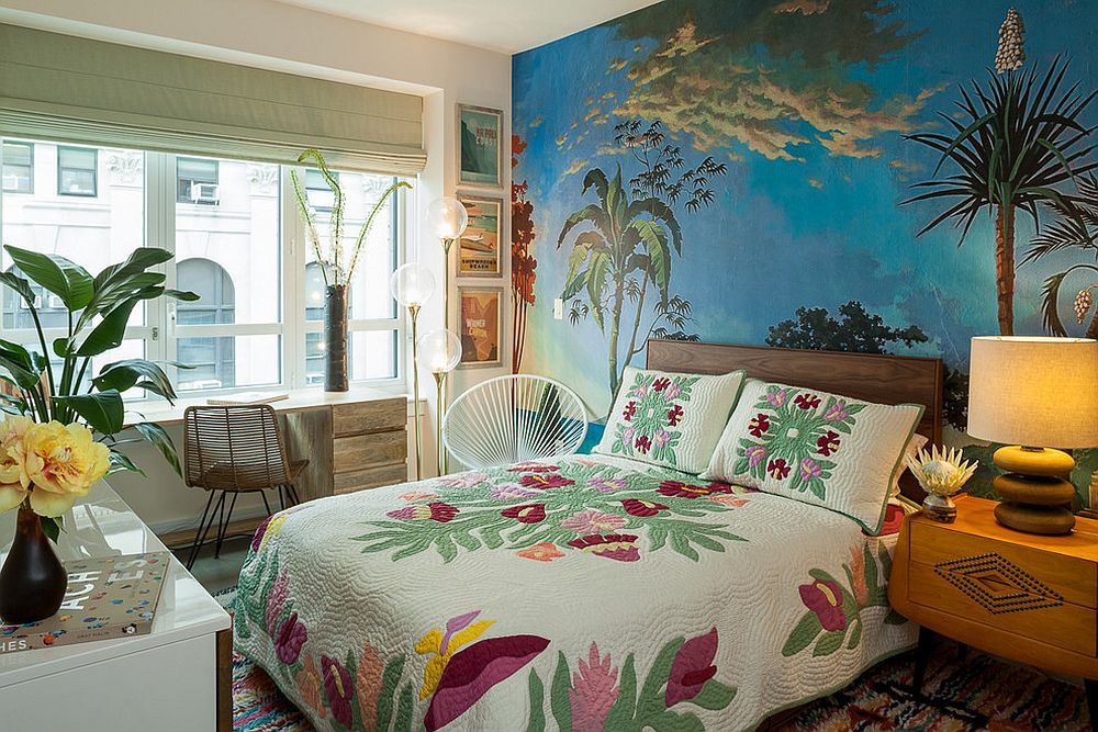Modern tropical style bedroom of New York home with a gorgeous wall mural in the backdrop
