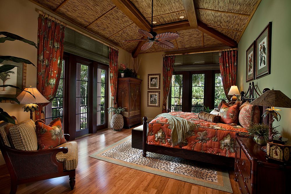 Ornate and exclusive tropical style bedroom with organic finishes and a splash of coral