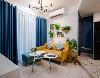 Perfect Apartment in Blue, Yellow and White: Cheerful and Space-Savvy Design!