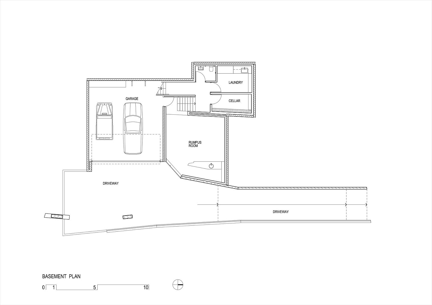 Basement floor plan with laundry, garage and utility rooms