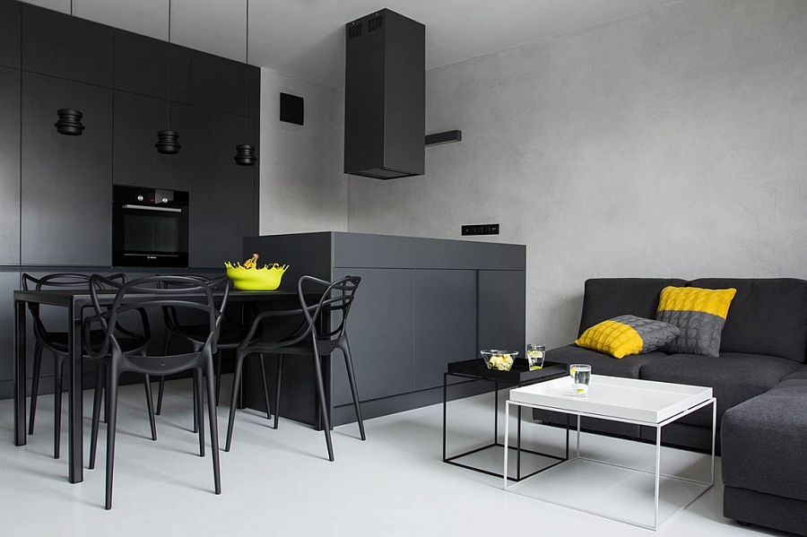 Beautiful black and white living room with yellow accents