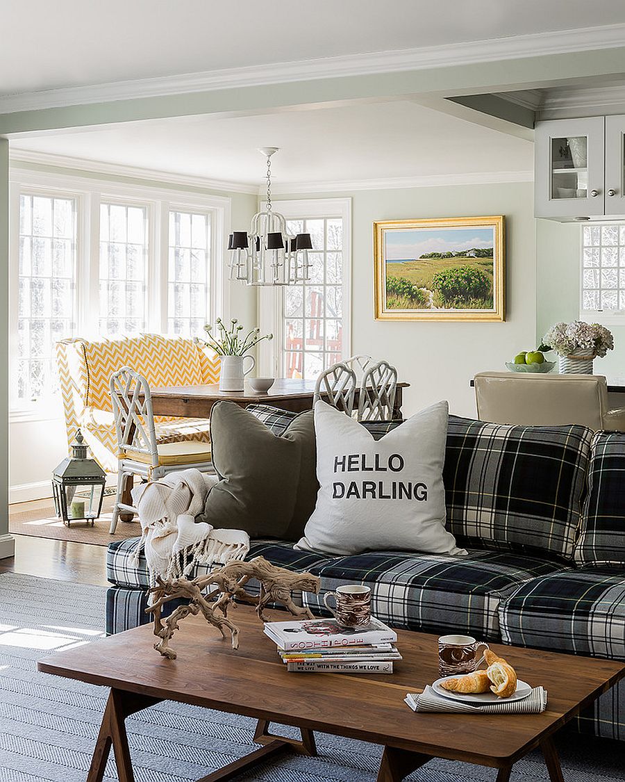 Black and white plaid sofa for a contemporary living room