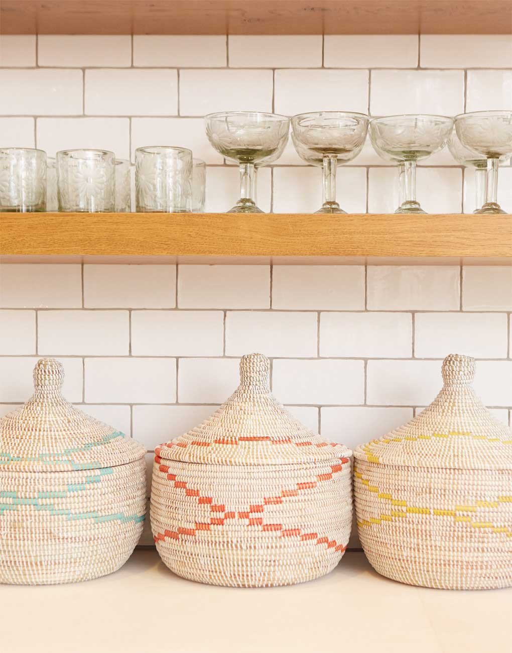 Earthy baskets and subway tile