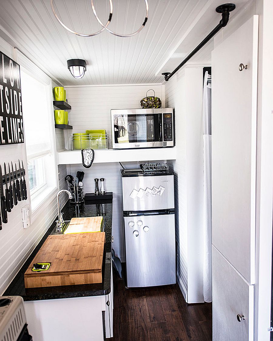 Eclectic Kitchen Within An Ultra Tiny Apartment In White With Dark Countertops 