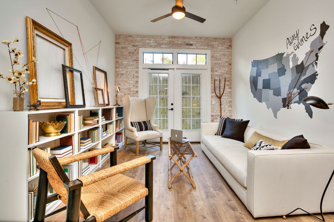 Ergonomic and appealing small apartment living room with ample shelf space