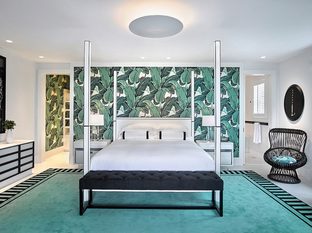 Fabulous modern bedroom with tropical wallpaper accent wall